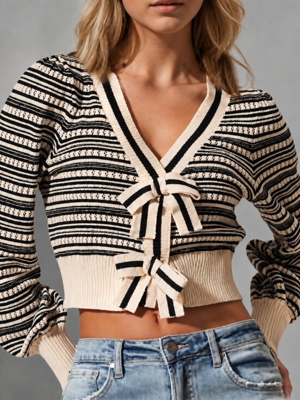 So Me Black & Cream Striped Cardigan Bow Accents